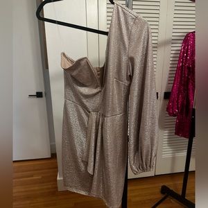 Gold/Taupe one sleeve shimmer party dress from The Lace Cactus Boutique